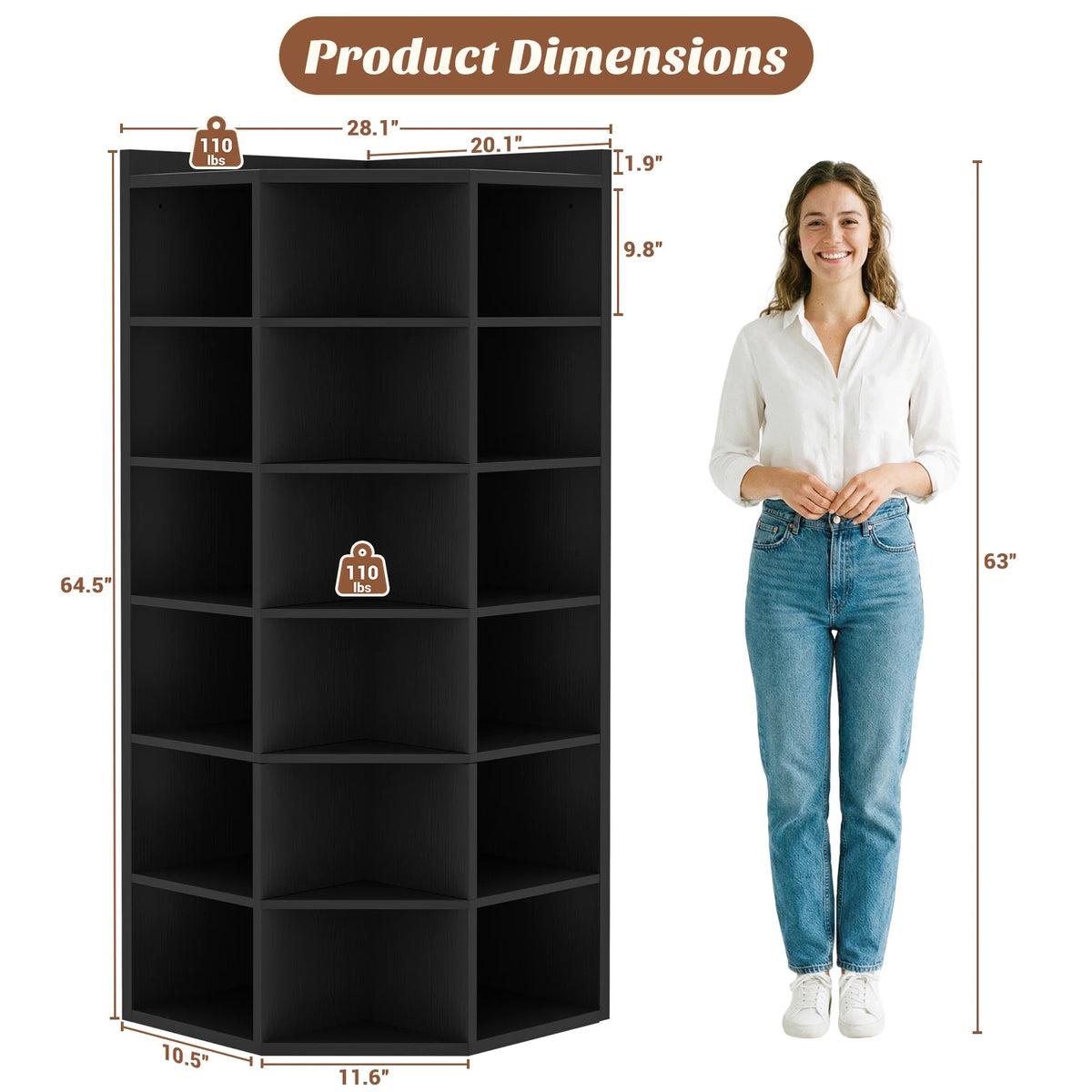 7‑Tier Corner Cube Bookshelf, Black 20"D x 28.1"W x 64.5"H