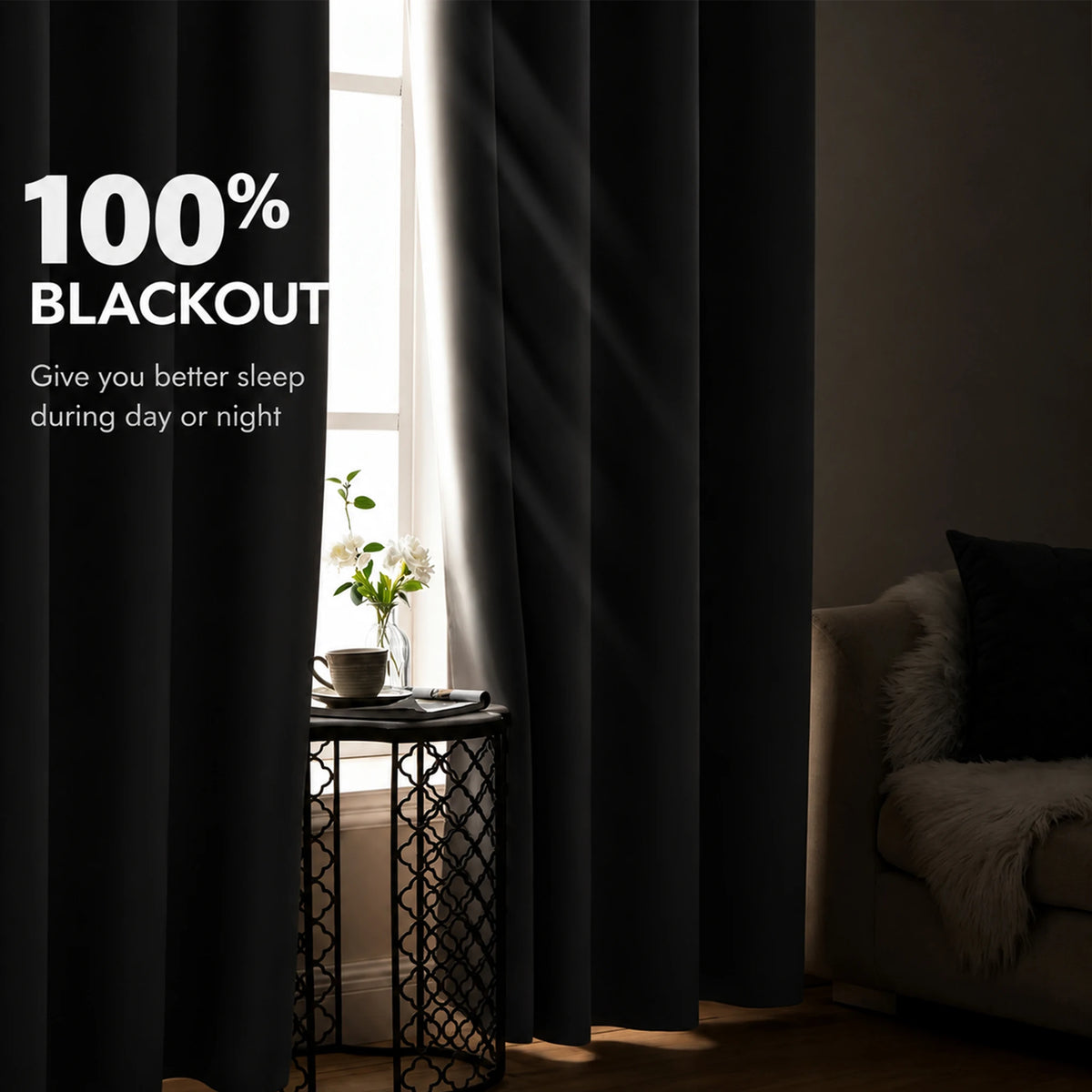 Black 4 Panels, Grommet Top Curtain, Blackout Waterproof Black Inside Coating for Bedroom Living Room, 6 Sizes......