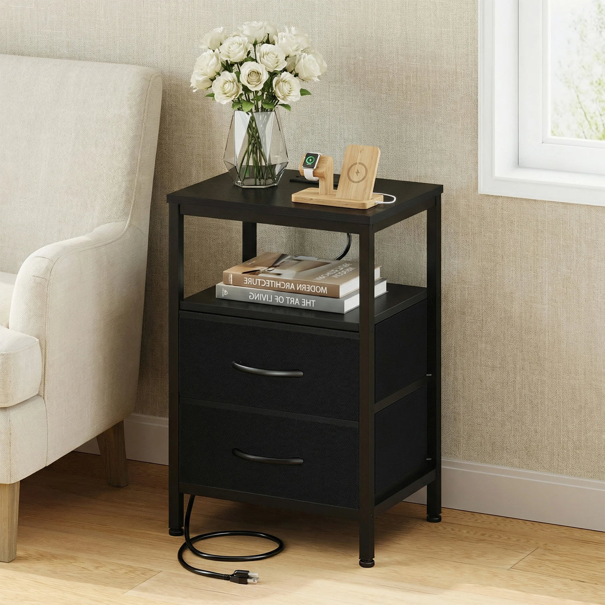2 Fabric Drawers Bedside Night Stand with Open Shelf  USB Ports