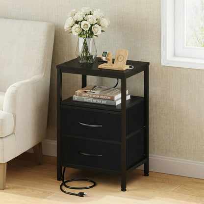 2 Fabric Drawers Bedside Night Stand with Open Shelf  USB Ports