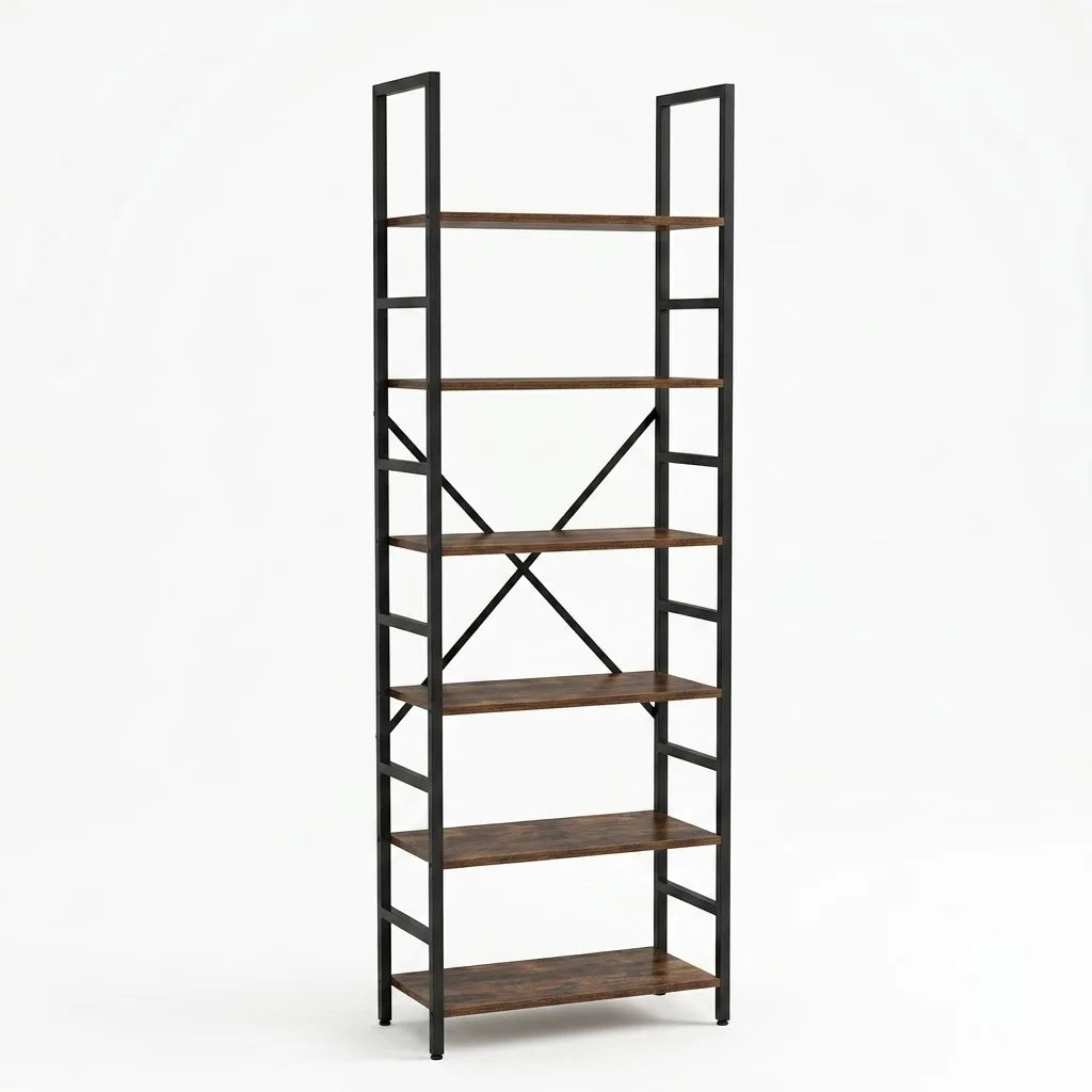5＆6 Tier Rustic Wood Bookshelf Black Metal Frame Freestanding
