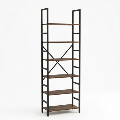 5＆6 Tier Rustic Wood Bookshelf Black Metal Frame Freestanding