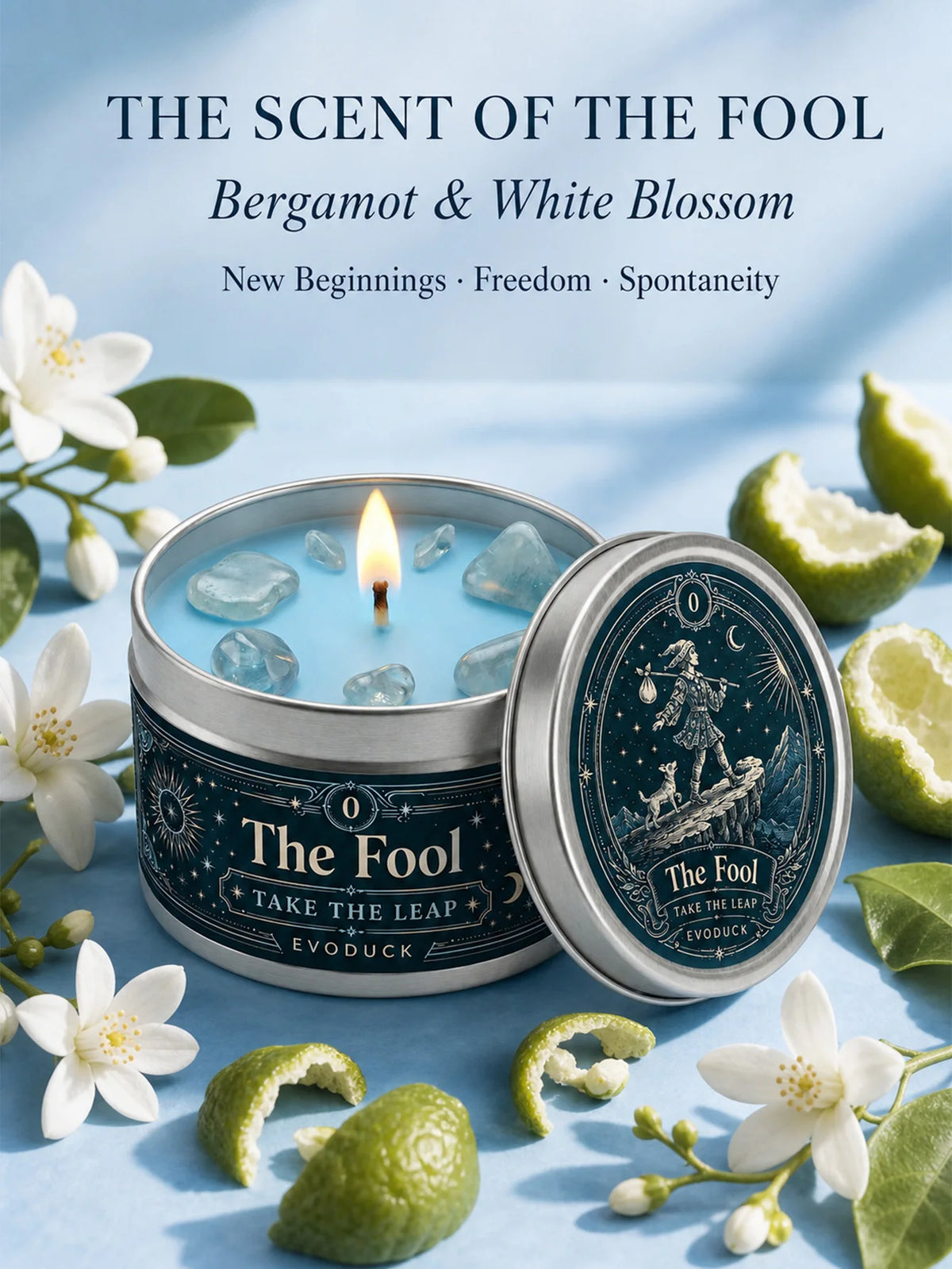 The Fool Tarot Candle, Bergamot & White Blossom Scented Candle3 Oz., with Clear Crystal Stones, Candle for Meditation, New Beginnings, 3/2/1 Sets...