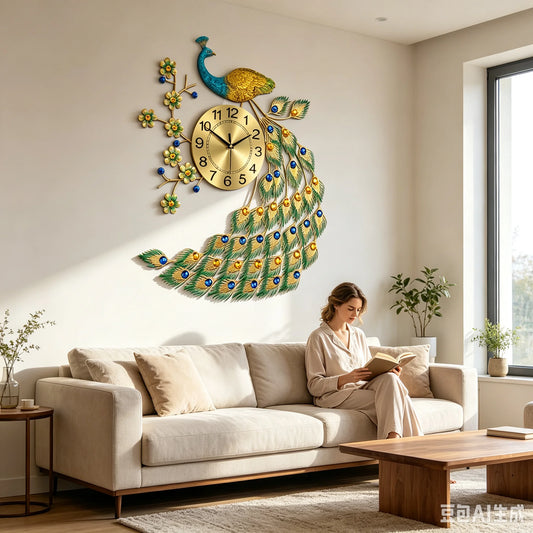 30.5x25.5 inch Wall Clock, Peacock Design Iron Acrylic Aluminum, AA Battery Needed...