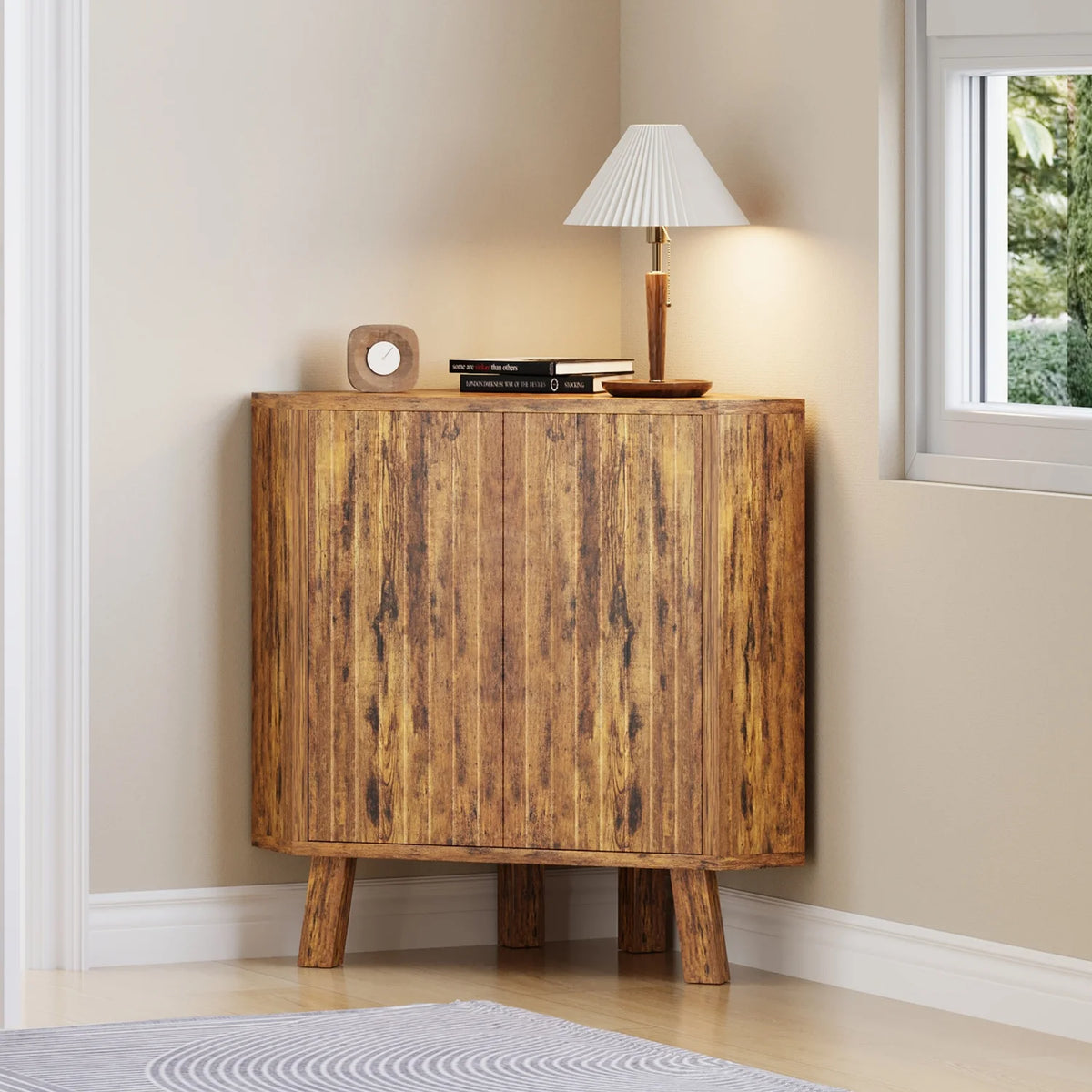Rustic Wooden Corner Storage Cabinet with Adjustable Shelf....