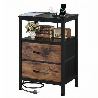 2 Fabric Drawers Bedside Night Stand with Open Shelf  USB Ports