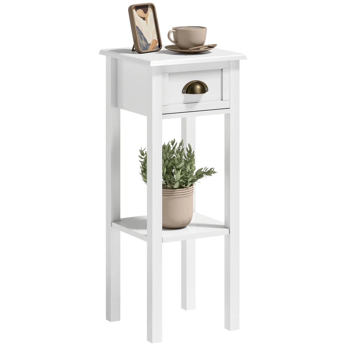 End Table with Drawer and Bottom Shelf, Accent Desk, White