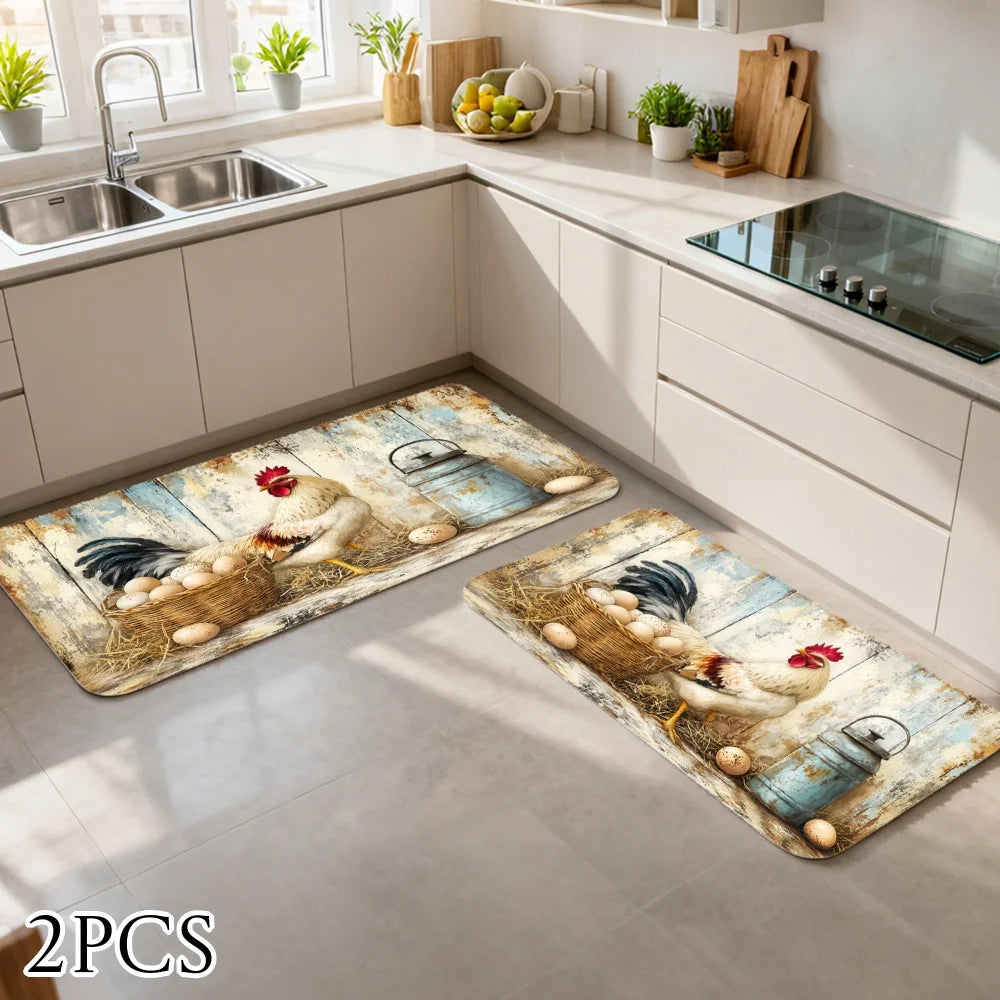 3PCS Kitchen Rugs Rooster Chicken Basket Rustic Pattern