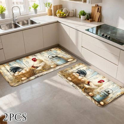 3PCS Kitchen Rugs Rooster Chicken Basket Rustic Pattern