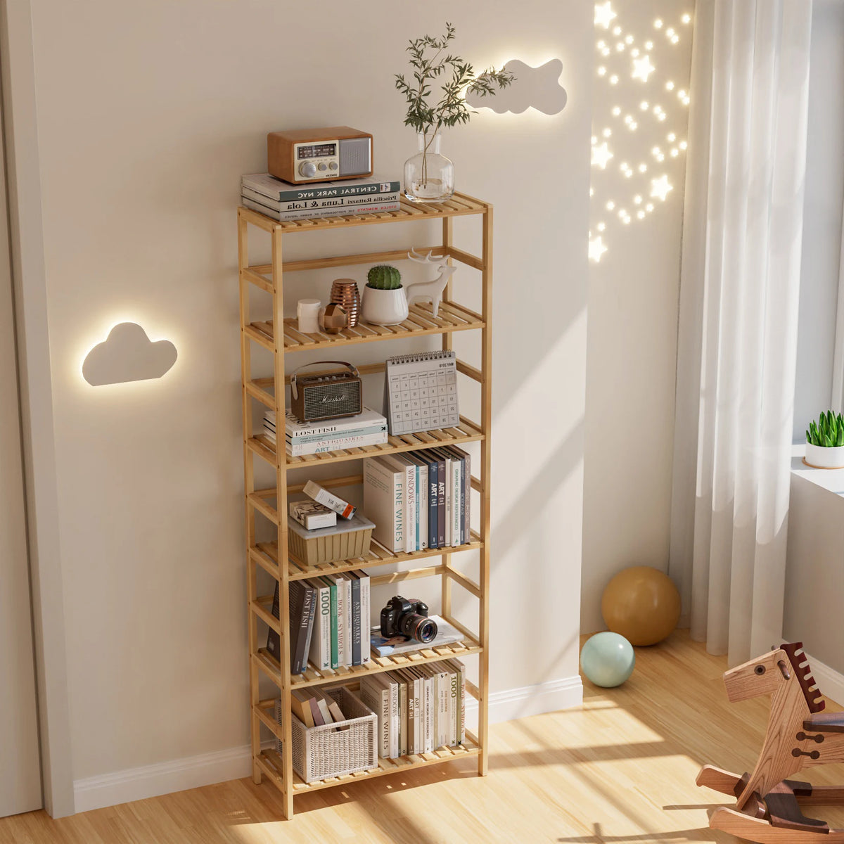 6 Tier Wooden Bookshelf with Adjustable Shelves Free Standing And Wall Mount Natural Bamboo