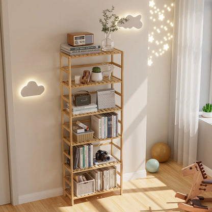 6 Tier Wooden Bookshelf with Adjustable Shelves Free Standing And Wall Mount Natural Bamboo