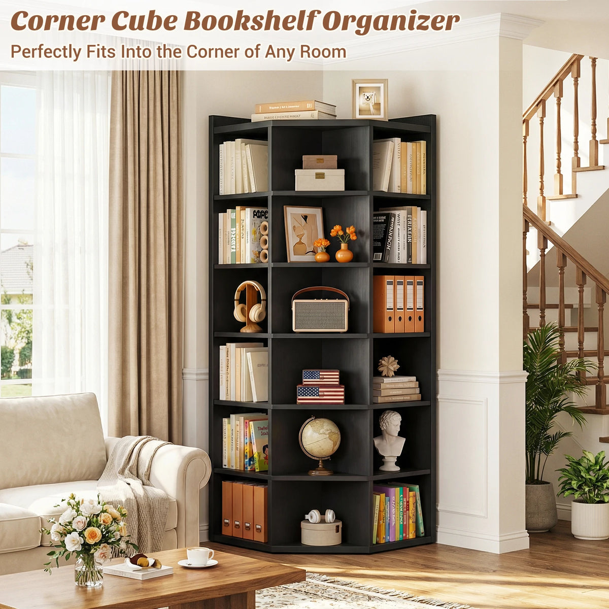7‑Tier Corner Cube Bookshelf, Black 20"D x 28.1"W x 64.5"H