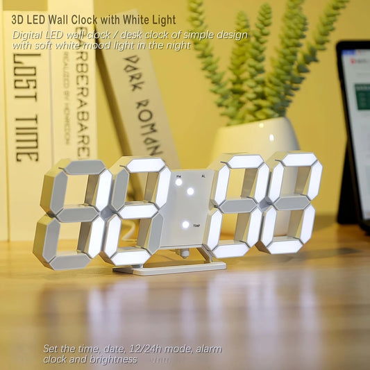 3D Design LED Digital Alarm Clock,  Wall Clock, Adjustable Brightness, 3 Colors