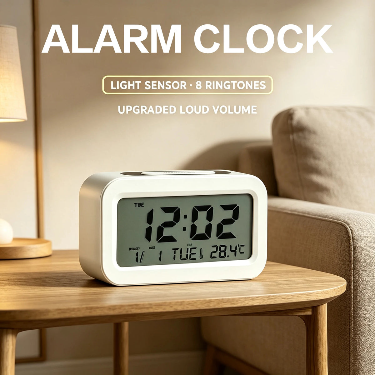 4.4 Inch White  Alarm Clock 24H System Time, Week, Temperature Display, Portable, Battery Operated....