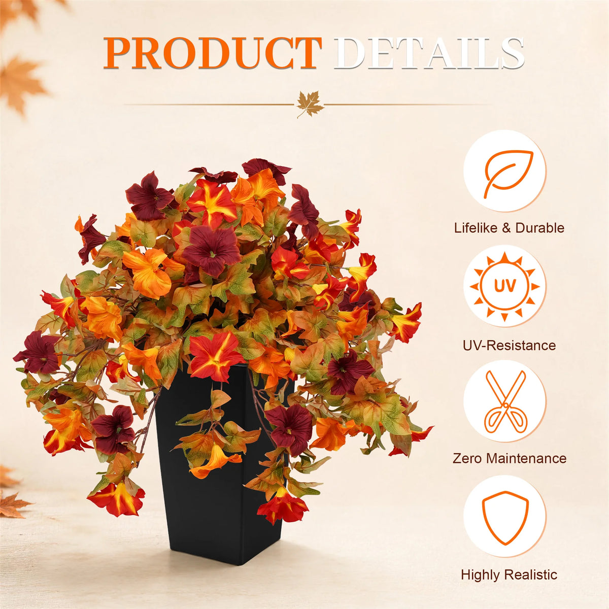 2 Pack Artificial Fall Hanging Flowers in Black Pot,  Morning Glory, UV Resistant ....