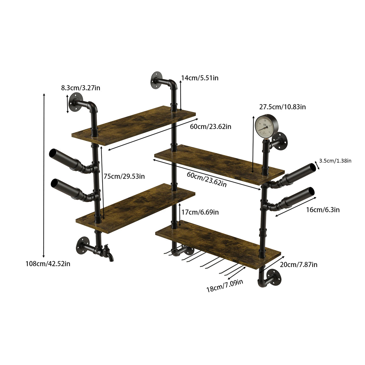 Pipe Bar Liquor Shelf, Floating Shelves with Wine Glass Holder, Black ....