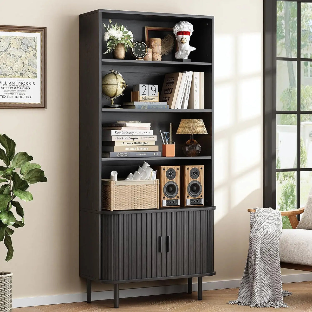 71 Inch Sliding Door Wooden Bookshelf with Adjustable Shelves, Freestanding.....