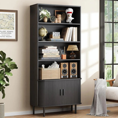 71 Inch Sliding Door Wooden Bookshelf with Adjustable Shelves, Freestanding.....