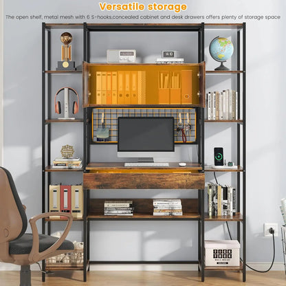 5 Tiers Rustic Engineered Wooden Bookshelf with Home Office Desk and RGB Lights and Power Outlet, 71.1" Tall