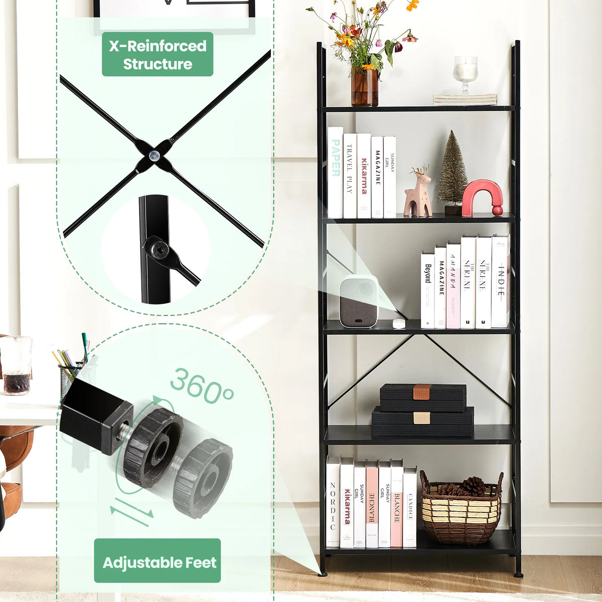 5 Tier Wooden Display Bookshelf Standing Stable Metal Frame