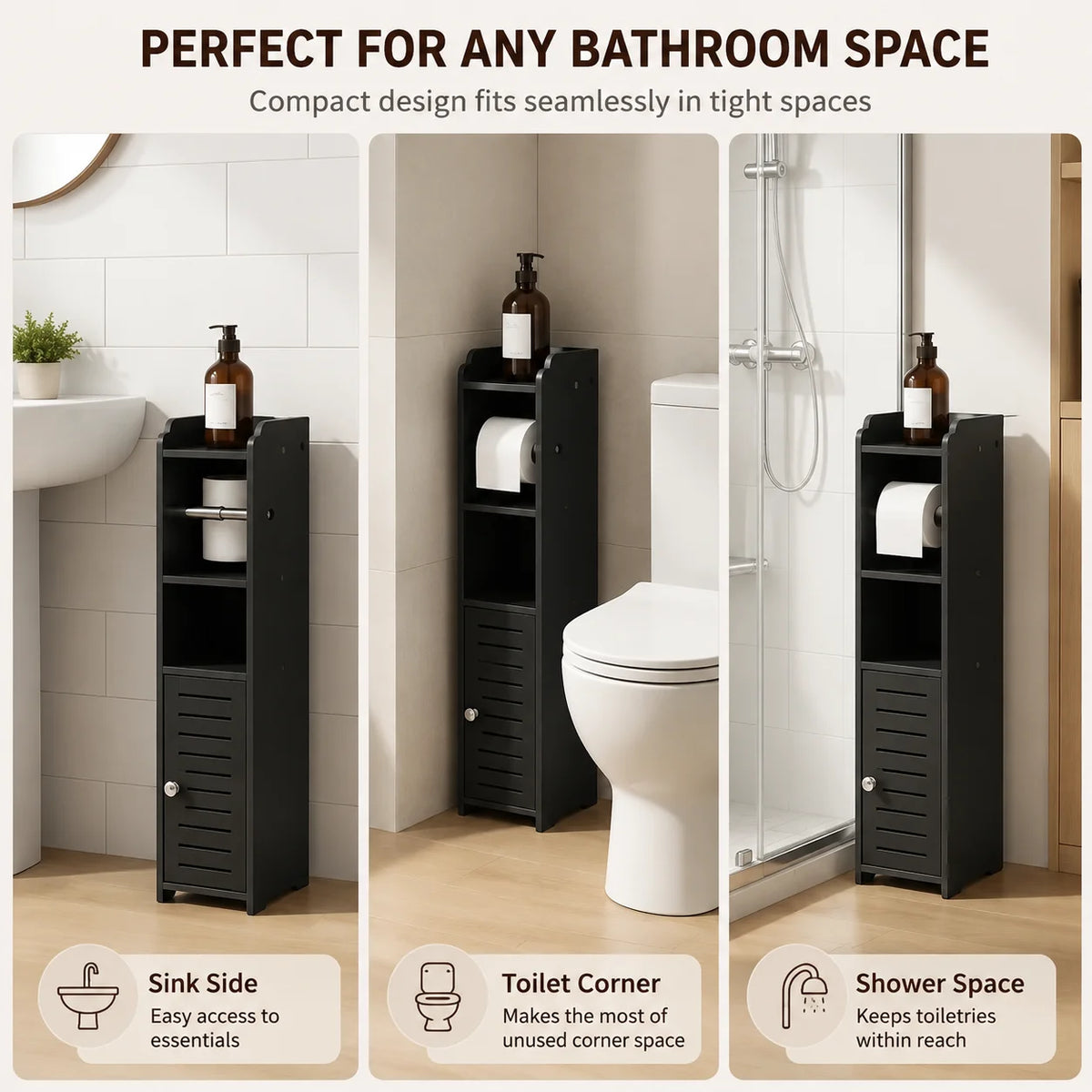 Slim Bathroom Plastic Storage Cabinet with Toilet Paper Holder....