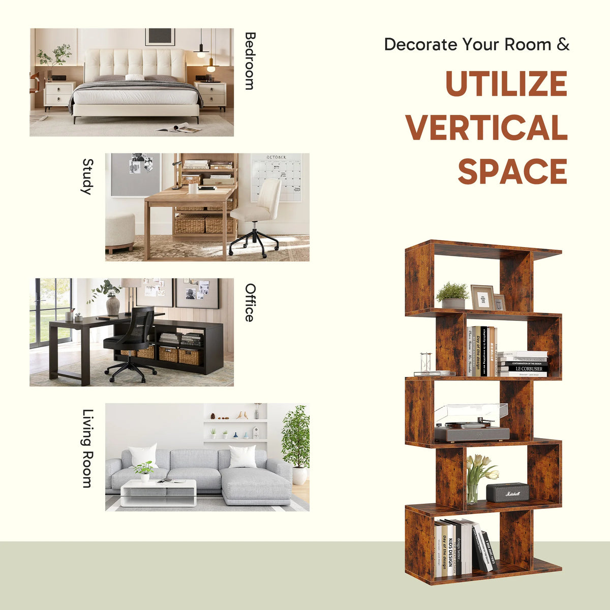 62IN Wooden Bookshelf 5 Tier Standing Shelf, Stable Frame....