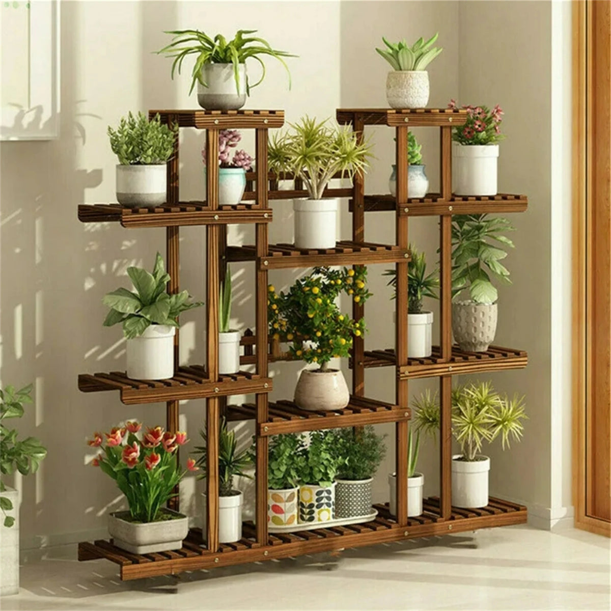 Large 11 Tiered Wooden Plant Stand Carbonized wood, Widen Pot Shelf Holder,  Indoor Outdoor.....