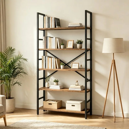 5＆6 Tier Rustic Wood Bookshelf Black Metal Frame Freestanding