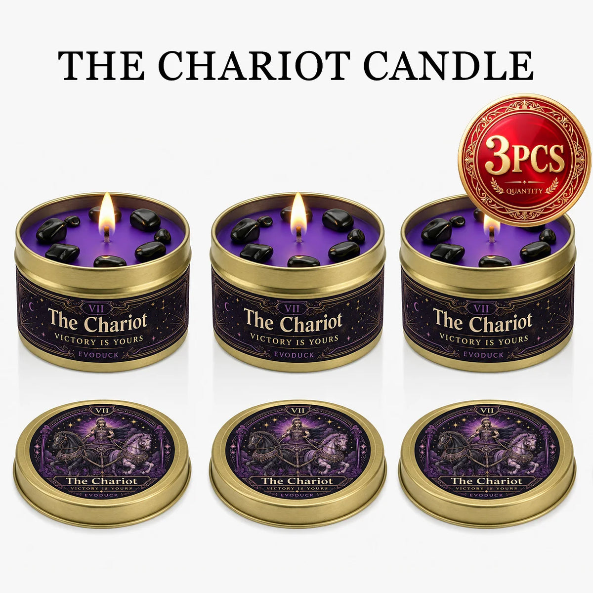 3/2/1 Sets, The Chariot Tarot Candle with Black Crystal Stones, Purple Wax Scented for Meditation, 3 Oz....