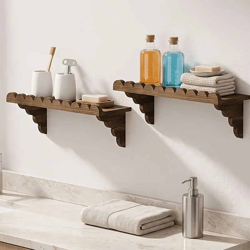 Rustic Scalloped Floating Wooden Wall Shelves Set of 2, Dark Burnt Wood Finish