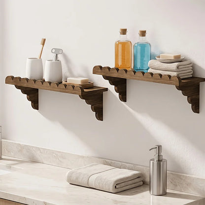 Rustic Scalloped Floating Wooden Wall Shelves Set of 2, Dark Burnt Wood Finish