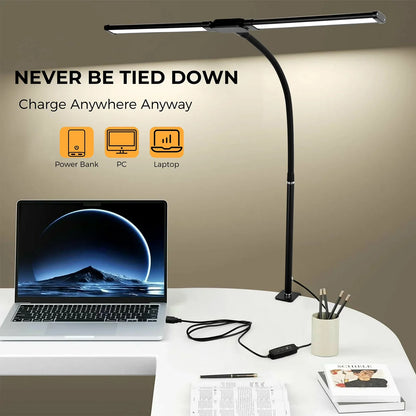 Double Head  LED Desk Lamp with Clamp Dimmable 3 Color Modes 10 Brightness  USB Adjustable...
