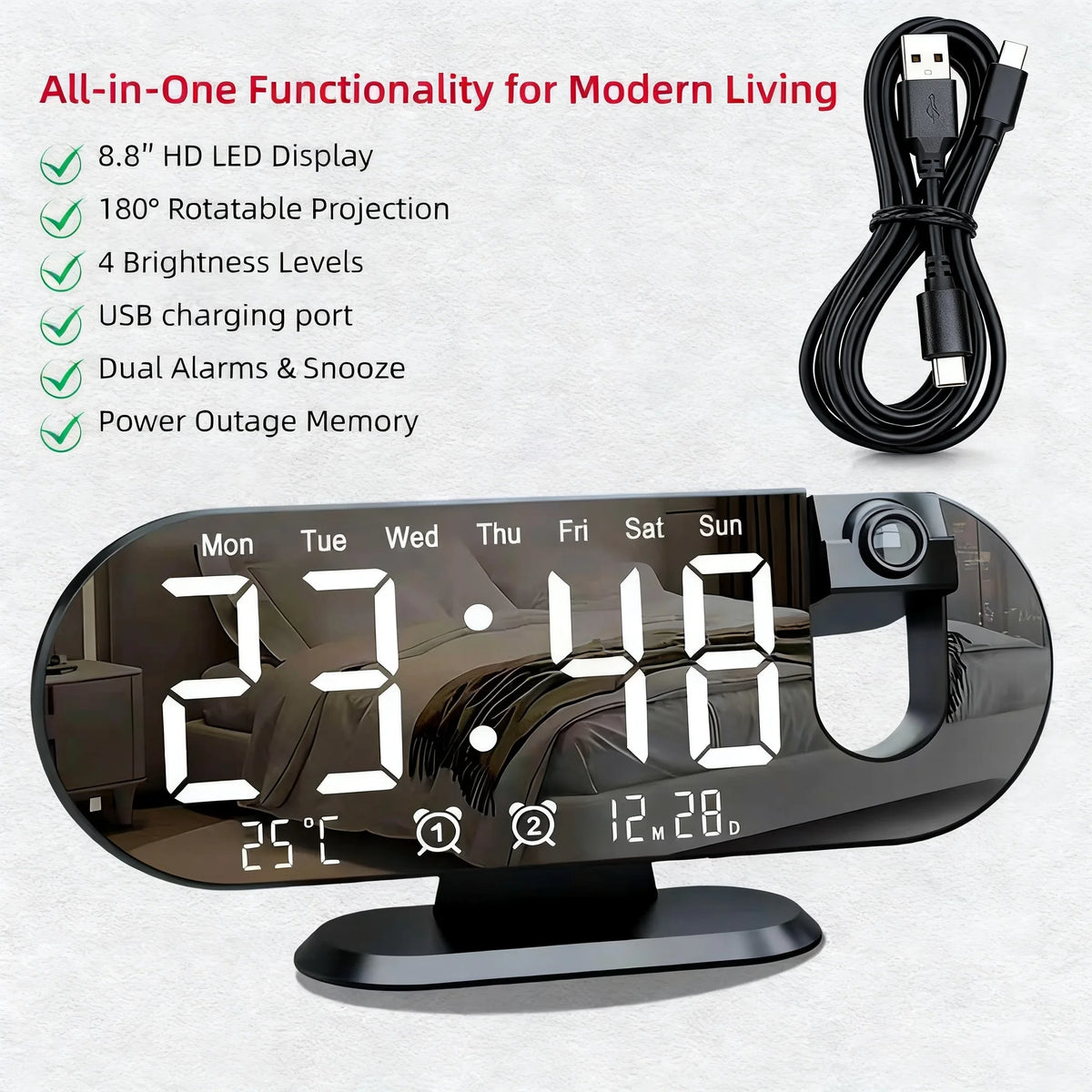 8.8 Inch Projection Alarm Clock, Mirror Display 180 Degree Rotation, Temperature USB Charging Port, White & Black.....