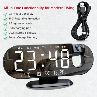 8.8 Inch Projection Alarm Clock, Mirror Display 180 Degree Rotation, Temperature USB Charging Port, White & Black.....