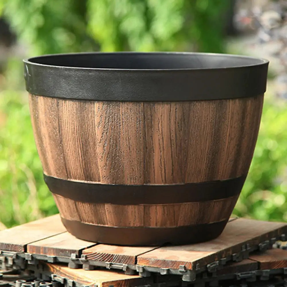 Rustic Whiskey Barrel Planter, Wooden Plastic Flower Pot with Drainage Holes....