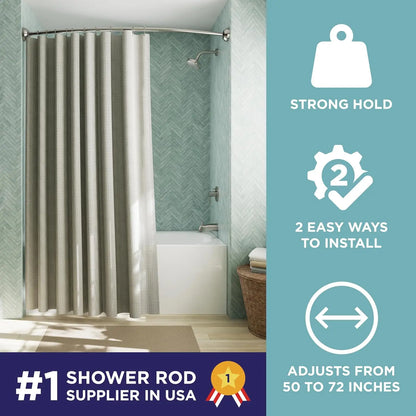 Rustproof Curved Shower Rod, No Drill Tension Mount Adjustable 50-72in, Easy Install
