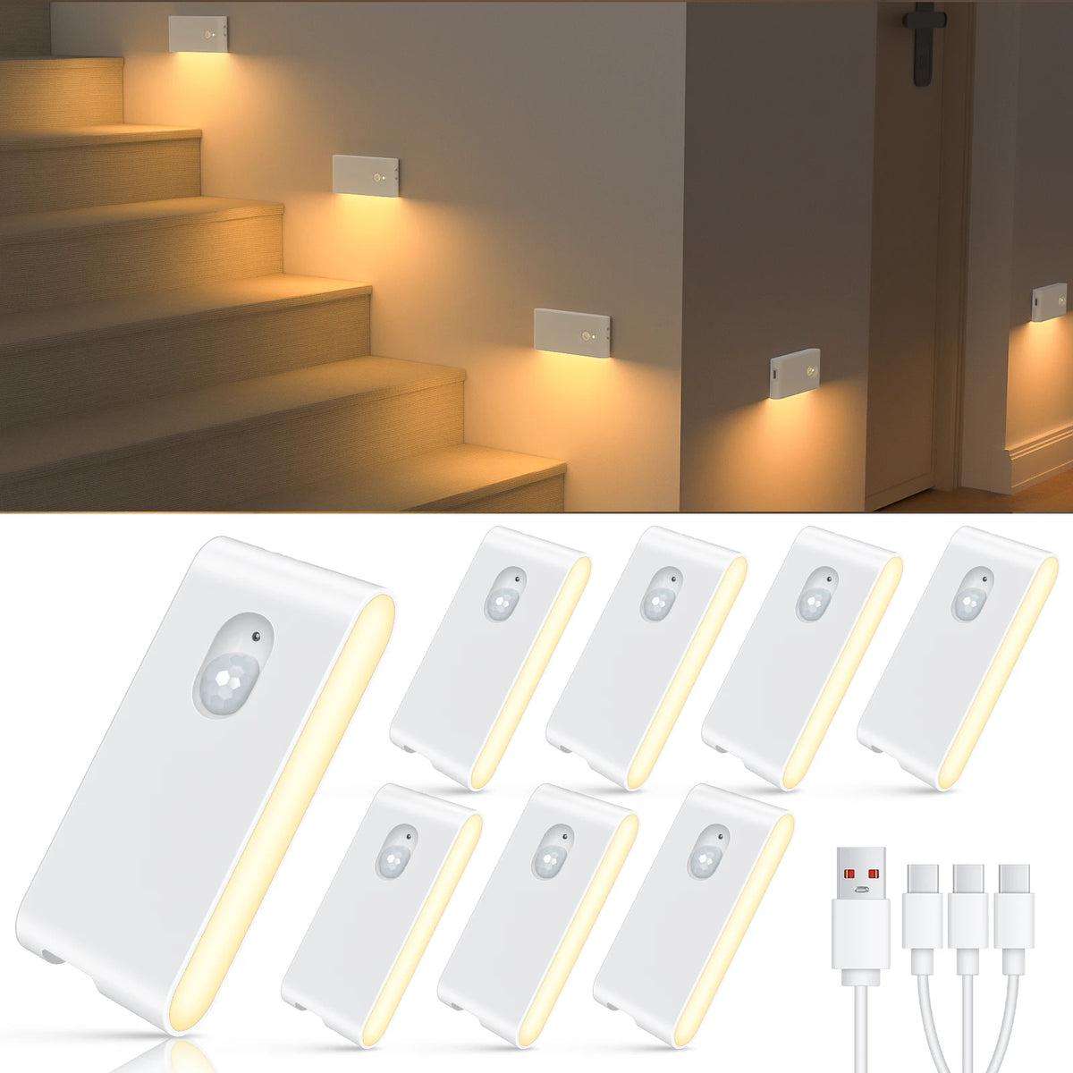4/8 Pack Motion Sensor Wireless Stair Lights Indoor Battery USB Rechargeable Night Lights for Stairway Or Closet