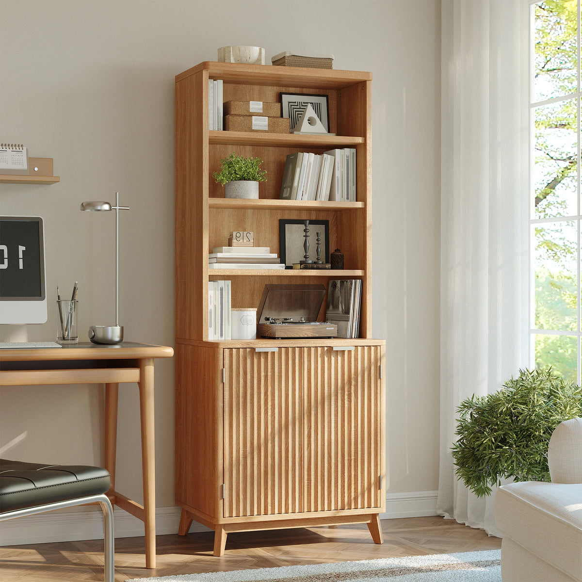 6-Tier Wooden Bookshelf, With Doors & Adjustable Shelves, Walnut....
