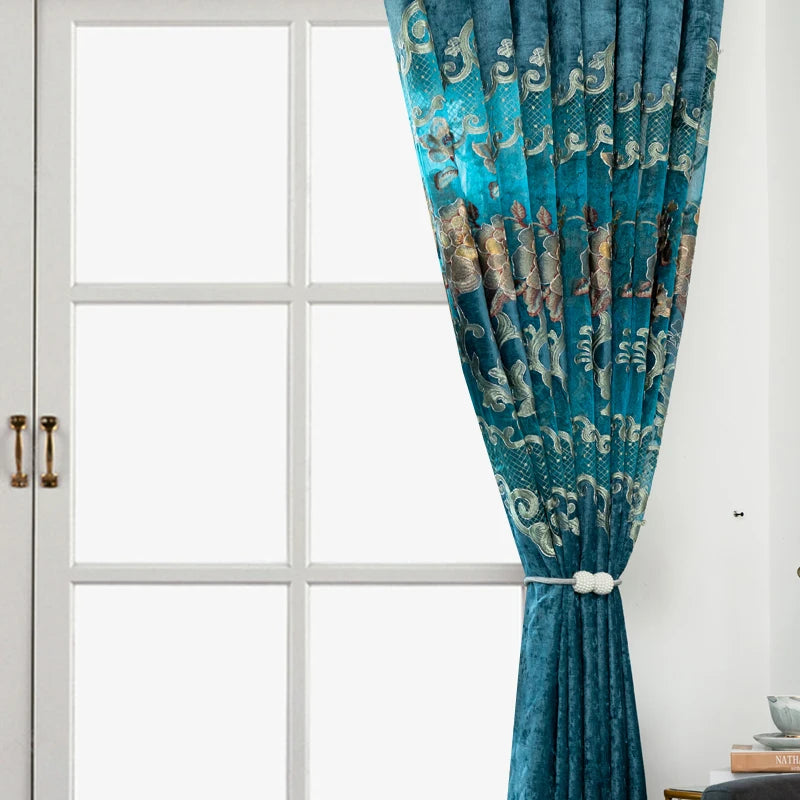 European Luxury Chenille Lace Embroidery Curtains 2 Panels, Lake Blue Grommet Window Drapes, 2 Sizes.....