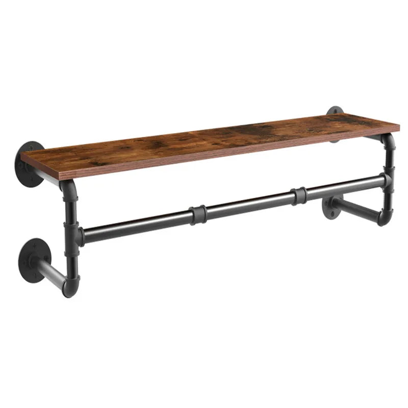 Rustic Wall Mounted Metal Clothes Hanging Rack with Wood Shelf, 39.3x9.8x8.6 inch....