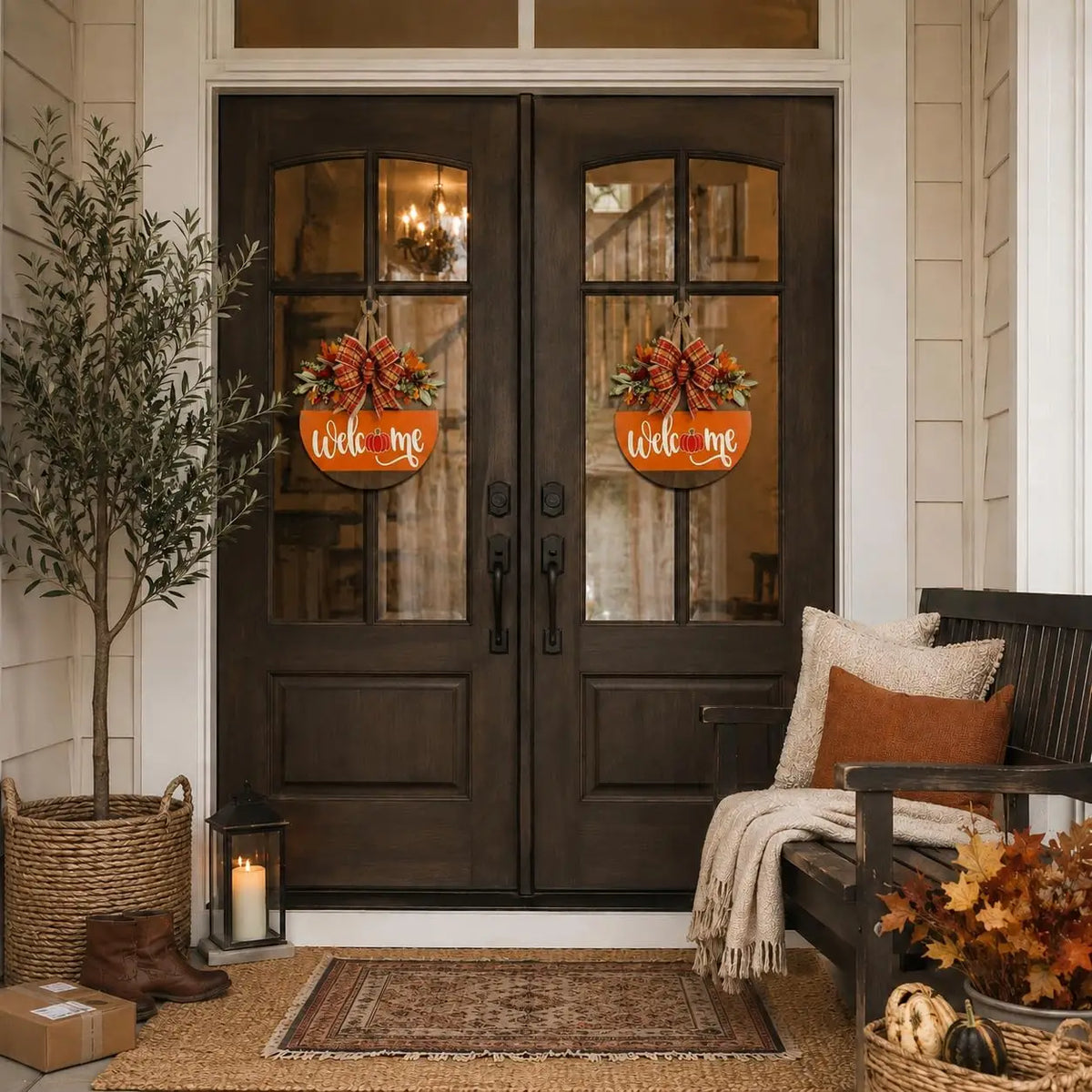 Front Door, Wooden Welcome Hanger with Pumpkin Design