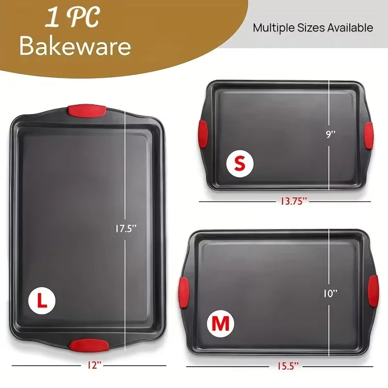 3Pcs Carbon Steel Non‑Stick Baking Pan Set With Red Silicone Handle....