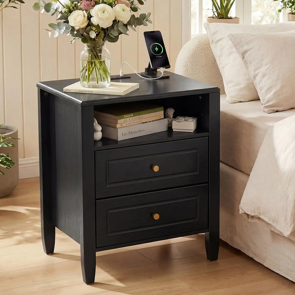 Nightstand with Charging Station 2 Drawers and Open Shelf with USB Type C Port AC Outlet