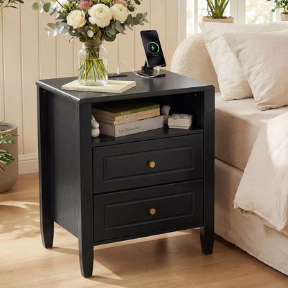 Nightstand with Charging Station 2 Drawers and Open Shelf with USB Type C Port AC Outlet