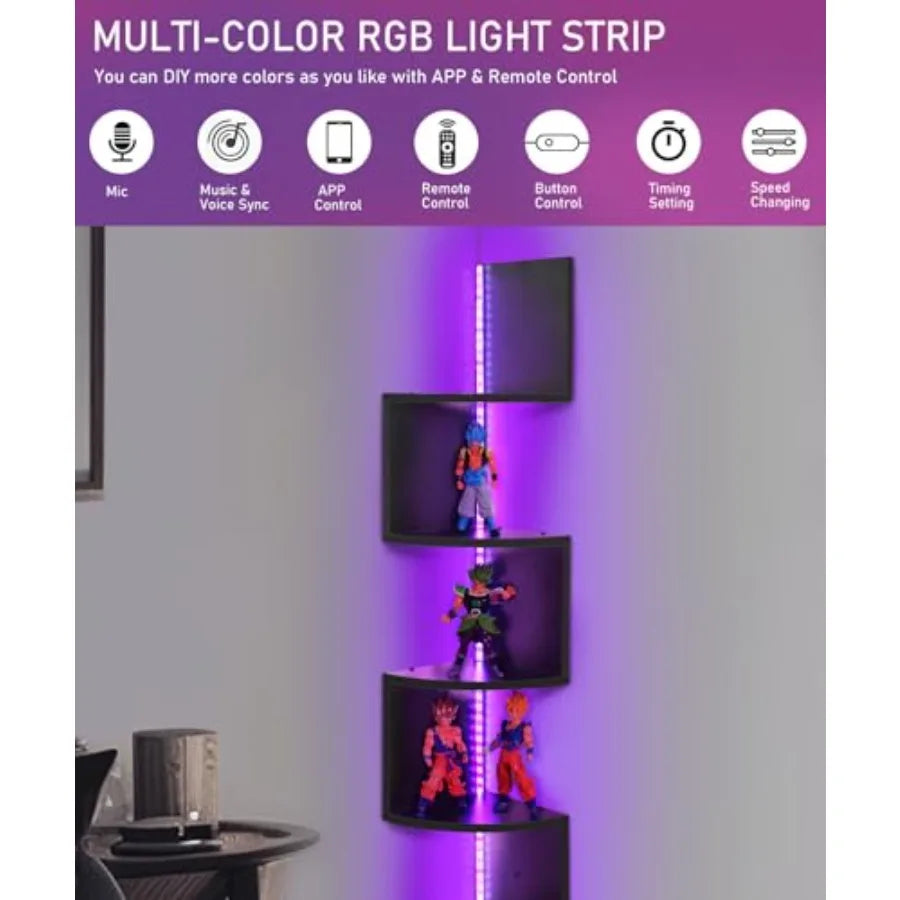 5 Tiers Plastic  Floating Corner Shelf with RGB LED Lights 49.2" Wall Mount