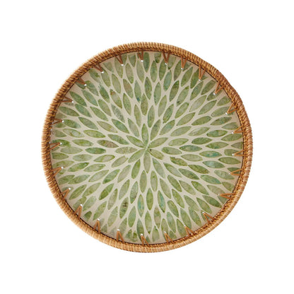 Woven Rattan Wicker Tray with Mother of Pearl Inlay With Wooden Base.....