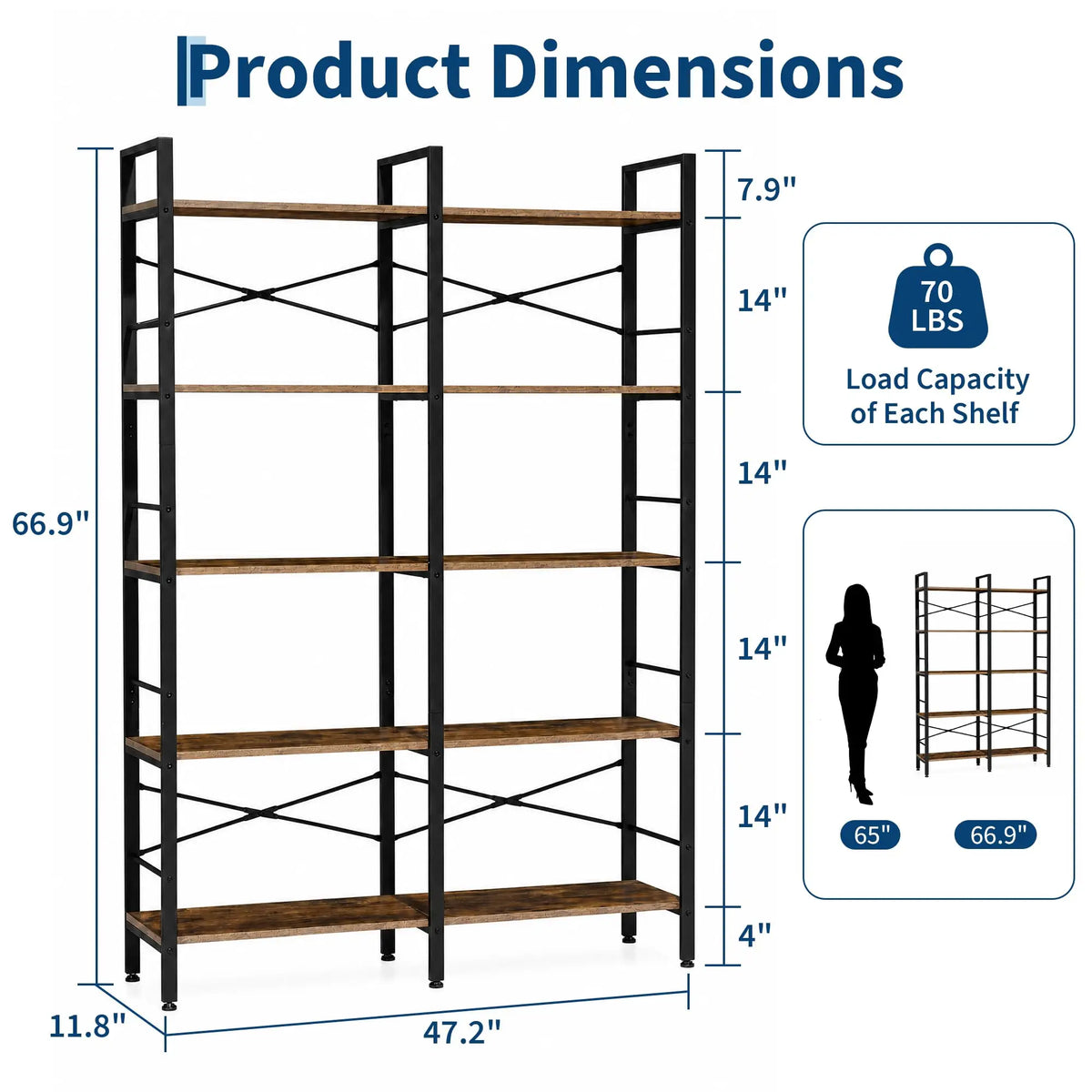 5 Tier  Vintage Wooden Shelves Metal Frame, Free Standing, Adjustable Feet, Fall Prevention.....