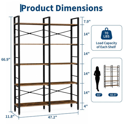 5 Tier  Vintage Wooden Shelves Metal Frame, Free Standing, Adjustable Feet, Fall Prevention.....