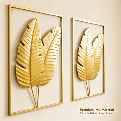 2PCS Gold Metal Leaf Wall Art Set,  Begonia Leaf, W 16 In x H 24 In with Frame