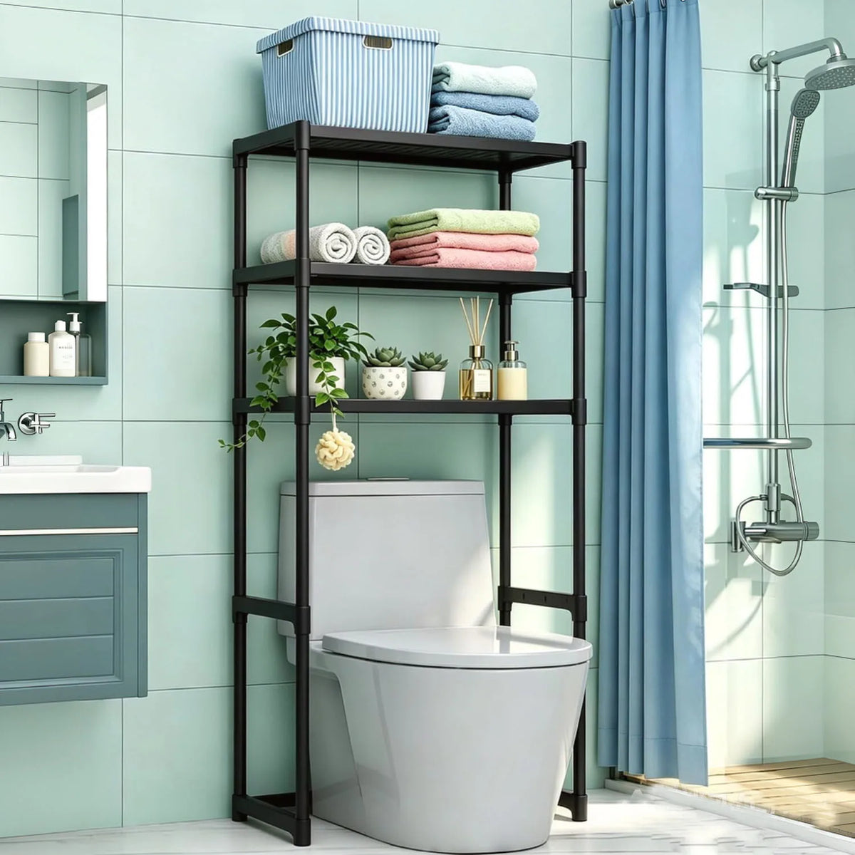 3 Tier Over the Toilet Shelf, Freestanding, Black